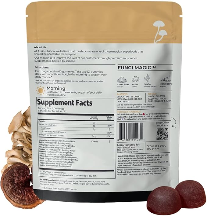 Auri Nutrition Super Mushroom Daily Gummies – All-in-One Functional Gummy with 12 Mushroom Blend Including Lion’s Mane Reishi Chaga &amp Cordyceps – 60 Gummies