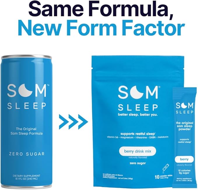 Som Sleep Calm Sleep Nighttime Powder Drink Mix Melatonin 3mg Magnesium Vitamin B6 L-Theanine &amp GABA – Vegan Zero Sugar – Berry 10-Pack