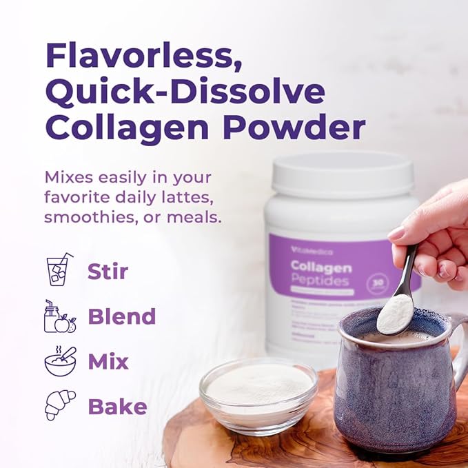 VitaMedica Collagen Peptides Powder for Women &amp Men - Healthy Hair Skin Nails Bones and Joints - Hydrolyzed Types I &amp III Grass-Fed Pasture-Raised Protein Zero Sugar - 30 Servings
