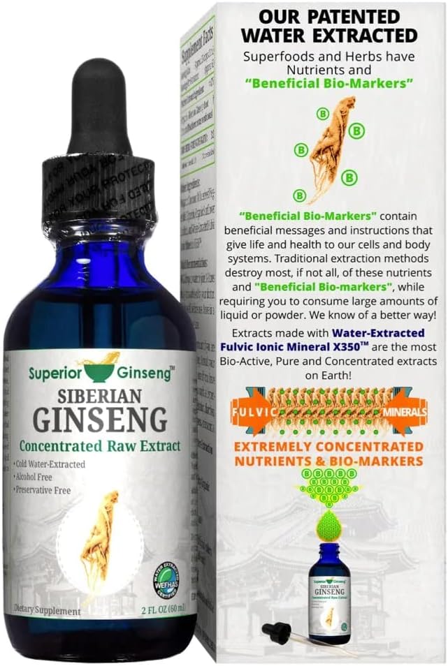 Siberian Ginseng Root Extract - Organic Ingredients &amp Alcohol Free - 2oz - Patented Cold Fulvic Mineral Water Extracted - Adaptogen - Immune Support for People &amp Pets
