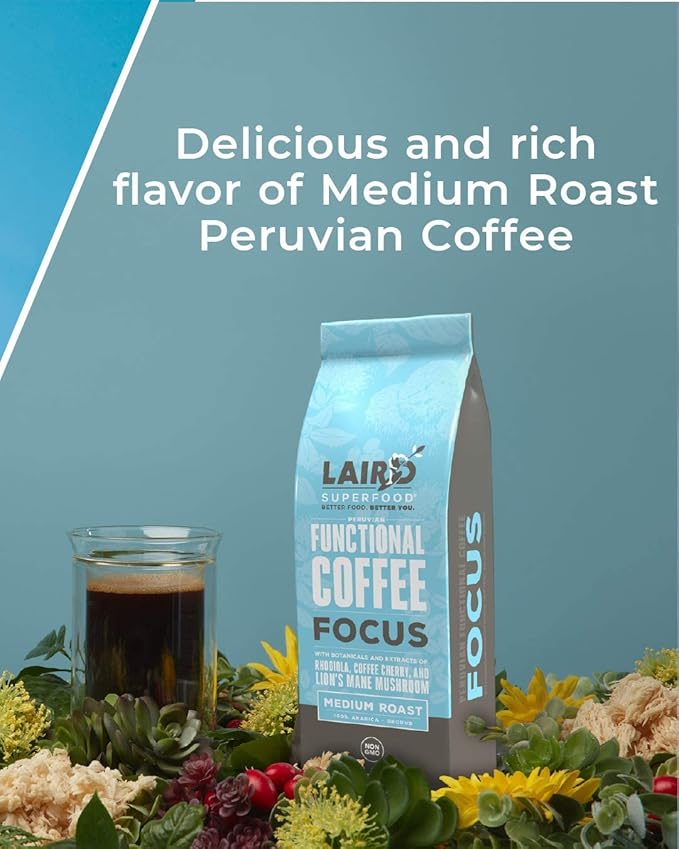 Laird Superfood Focus Coffee Medium Roast Ground Coffee Infused with Functional Mushrooms and Botanical Adaptogens 12 oz. Bag (Pack of 2)