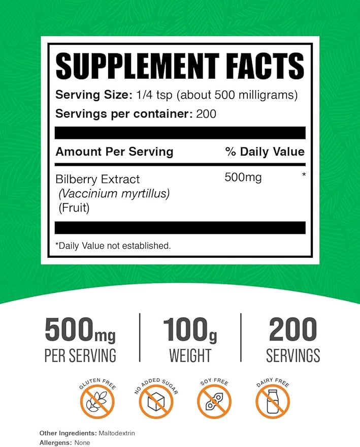 BulkSupplements.com Bilberry Extract Powder - Bilberry Extract Supplement Herbal Supplement - Vegan &amp Glulten Free 500mg per Serving 100g (3.5 oz) (Pack of 2)