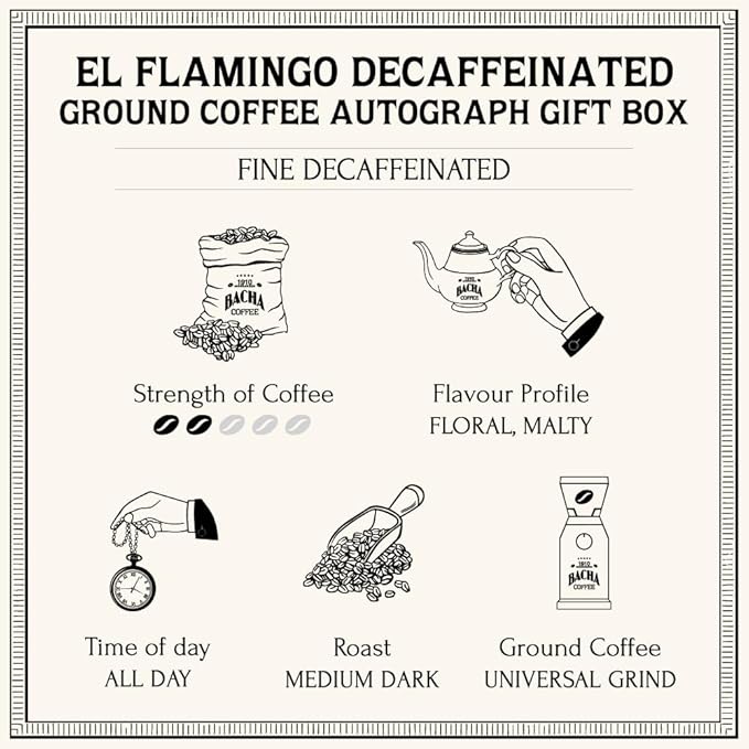 Bacha Coffee | El Flamingo Single Origin Decaffeinated Coffee Autograph Collection 100% Arabica Specialty Coffee Ground Beans Medium Dark Roast 250g &amp 100% Natural Wood Fibre Paper Filters