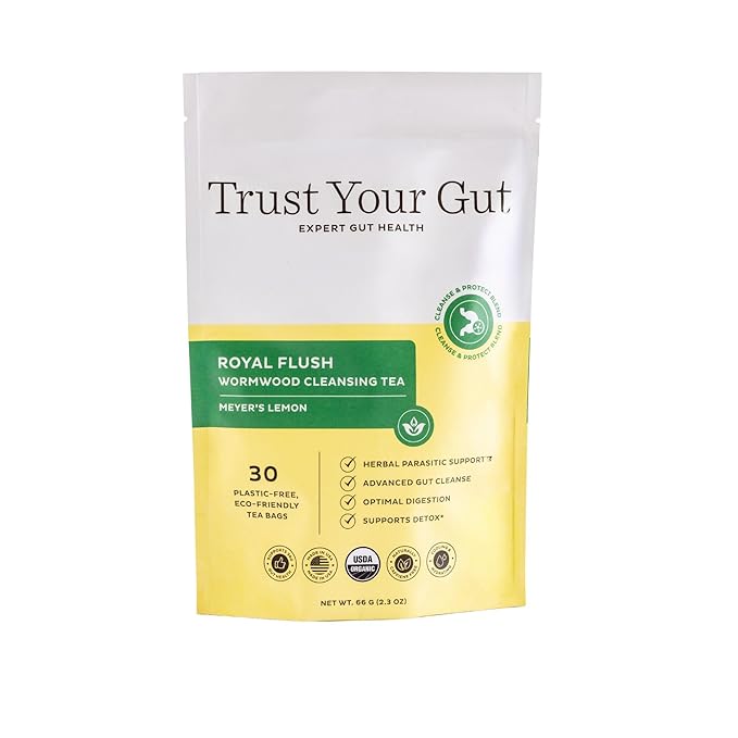 Trust Your Gut Organic Herbal Tea - Royal Flush Mugwort Wormwood Mullein Leaf Blend Caffeine-Free Liver &amp Digestive Wellness Support - Meyers Lemon 30 Plastic-Free Bags 2.33 oz
