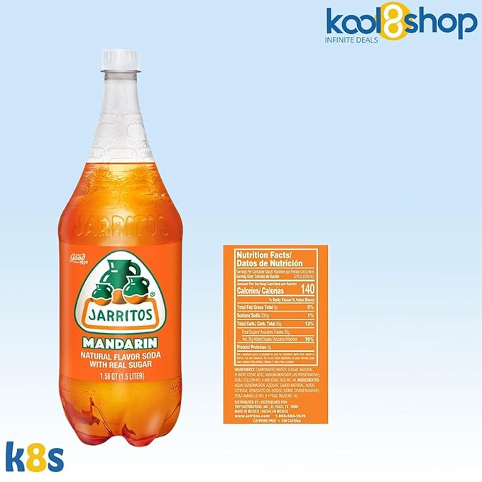 Jarritos Mandarin Mexican Soft Soda Drink 1.5 Lt Plastic Bottles 5 Pack + 15 Sugarcane Disposable Straws by KOOL8SHOP Infinite Deals