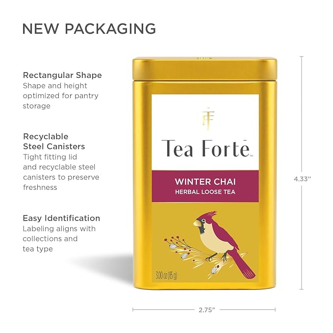 Tea Forte Winter Chai Premium Loose Leaf Caffeine-Free Herbal Tea Blend Canister Makes 35-50 Cups