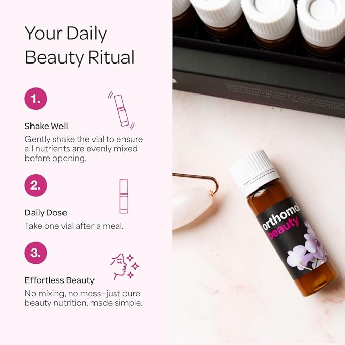 Orthomol Beauty Vial - Liquid Women's Beauty Supplement with Collagen Hydrolysate Hyaluronic Acid and Coenzyme Q10 for Hair Skin and Nail Health
