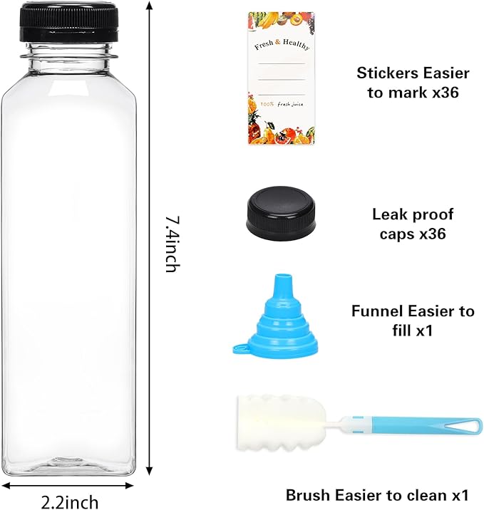 Moretoes 36pcs 16oz Juice Bottles Plastic Bottles with Lids Reusable Clear Containers for Juice Smoothies Cola Water and Other Beverages