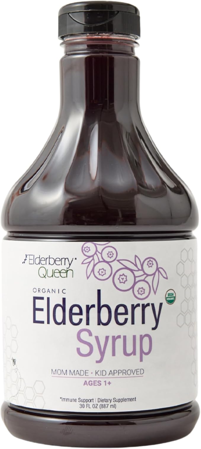 Elderberry Queen Organic Elderberry Syrup 30 Fl Oz - Immune Support Formula with Sambucus Black Elderberry &amp Aronia Berry - Pure Natural Certified Organic Elderberry Syrup for Kids and Adults