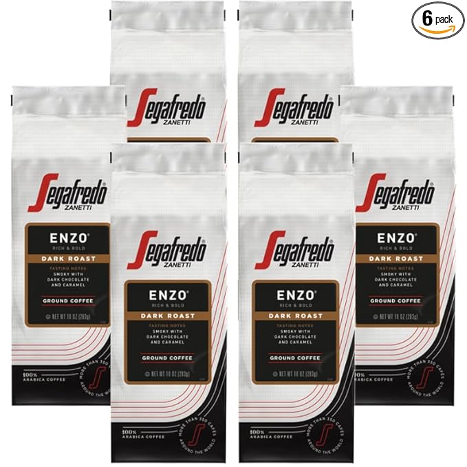 Segafredo Zanetti Ground Coffee – Made with Arabica Coffee – Dark Roast Smoky with Hints of Roasted Nuts &amp Dark Chocolate – South American Blend – Rich Full-Bodied – Enzo 10oz Bag Pack of 6