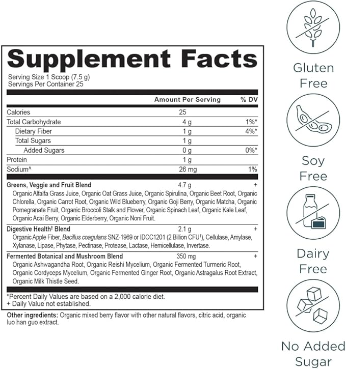 Ancient Nutrition SuperGreens Powder with Probiotics Organic Berry Flavor Greens Made from Real Fruits Vegetables and Herbs Digestive and Energy Support 25 Servings 6.7oz