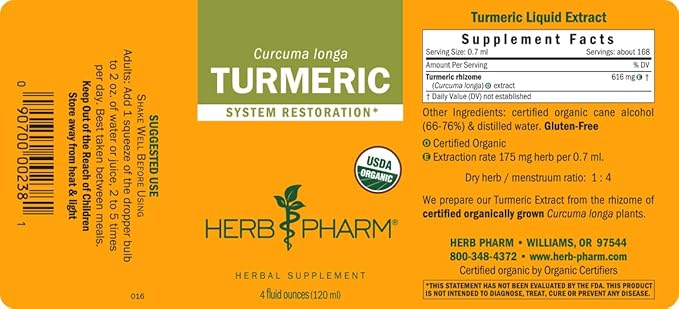 Herb Pharm Certified Organic Turmeric Root Liquid Extract for Musculoskeletal System Support - 4 oz