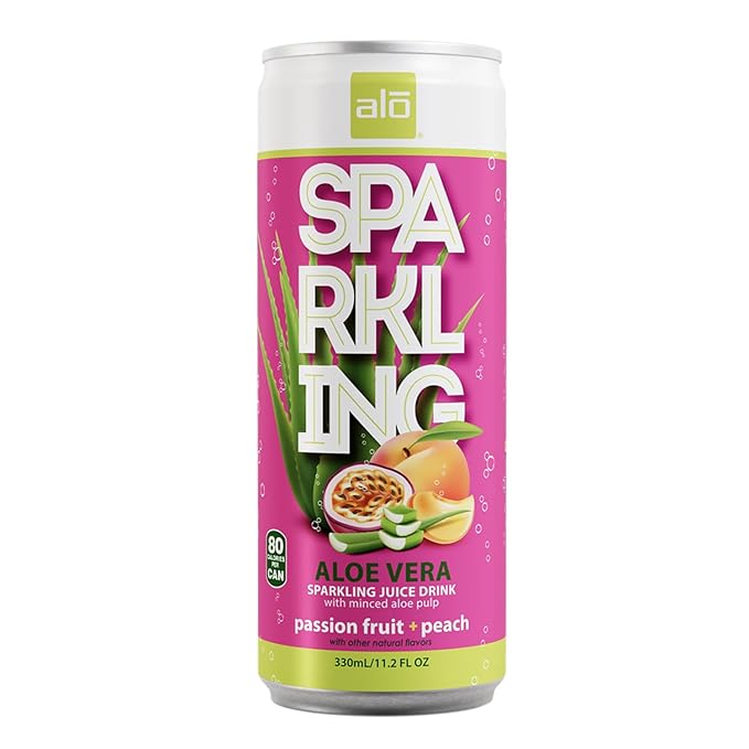 ALO Sparkling Passion Fruit &amp Peach Carbonated Aloe Vera Juice Drink | 11.2 fl oz Pack of 12 | Plant-Based Beverage Vegan