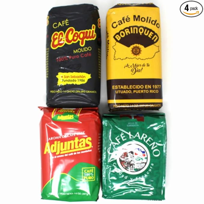 Bold Puerto Rican Coffee Variety Mix - Cafe Borinquen Cafe Coqui Cafe Lareno Cafe Adjuntas (1-14oz pack of each)