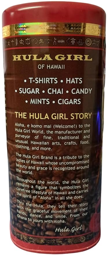 HULA GIRL 100% KONA Roasted Arabica Ground Coffee Dark Roast Net Wt. 10.5 Ounce (0.66Lb) 300 Grams Collector Tin