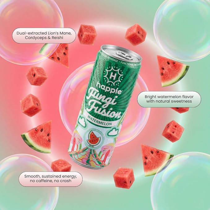Happie Fungi Fusion Watermelon – Sparkling Adaptogen Drink with Lion’s Mane Cordyceps &amp Red Reishi – Plant-Based Nootropic 40 Calorie Zero Sugar Added Vegan Functional Soda Alternative (6 pack