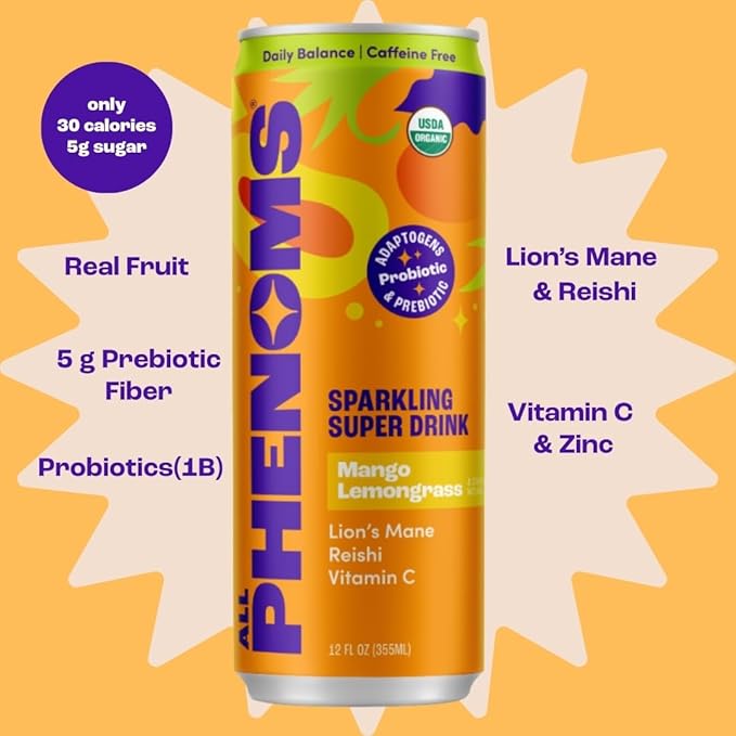 All Phenoms Daily Balance Sparkling Organic Prebiotic &amp Probiotic Drink - Adaptogen Mushroom Blend (500mg of Lions Mane &amp Reishi) Vit C Zinc (Non-Caffeinated No Stevia) - Mango Lemongrass