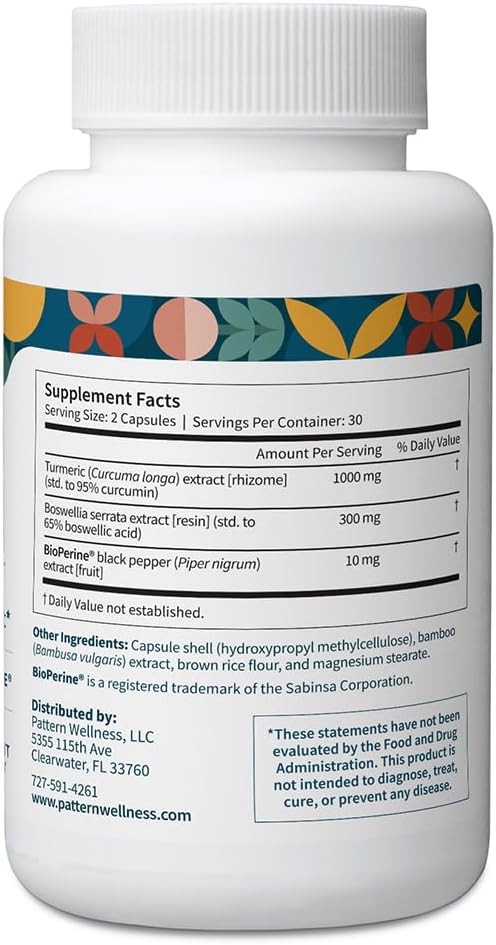 Pattern Wellness Turmeric Curcumin – 95% Curcuminoids with BioPerine® Black Pepper – Supports Joint Cognitive &amp Immune Health – Non-GMO Gluten Free – 120 Capsules