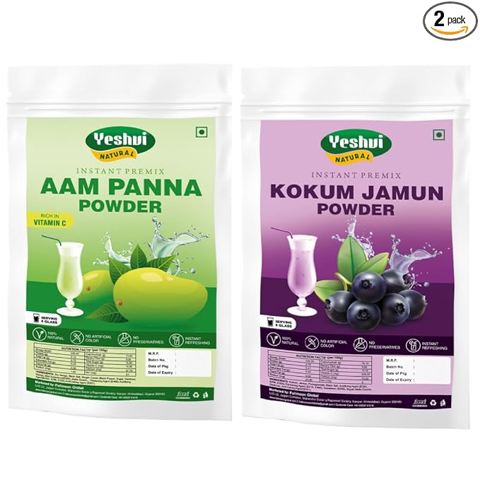 Yeshvi NATURAL Aam Panna &amp Kokum Jamun Fruit Juice Powder Combo Pack Instant Mix Drink Easy to Make Beverage Fruit Juice Powder for Adults 200gm
