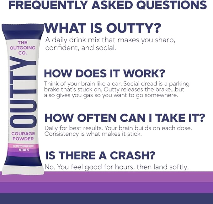 OUTTY Courage Powder Social Energy &amp Mood Support Drink Mix With Taurine L-Theanine &amp Oroxylin A Stress Relief Mental Clarity &amp Alcohol Alternative Acai Mixed Berry (15 Stick Packs)