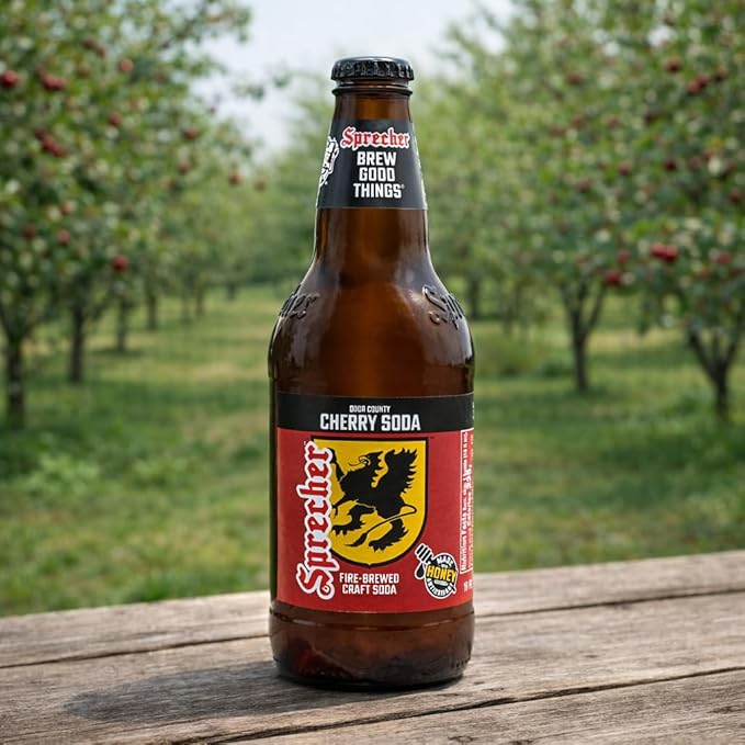Sprecher Door County Cherry Soda in 16 fl oz Glass Bottles (12 Pack) Fire-Brewed Craft Soda Made with Real Honey and Door County Cherry Juice Caffeine-Free Cherry Soft Drink