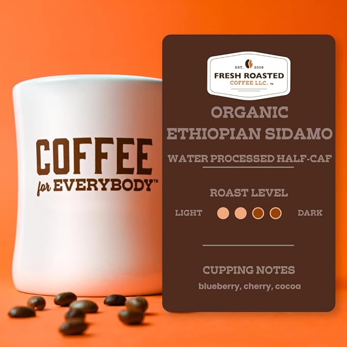 Fresh Roasted Coffee Organic Ethiopian Sidamo Water-Processed Half-Caf | USDA Organic 100% Single Origin Kosher | Medium Roast 72 Pods for K Cup Brewers