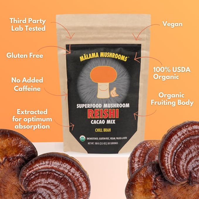Malama Organic Mushroom Hot Cacao Mix Reishi Mushroom Powder with Fair Trade Cacao for Immune Support &amp Relaxation – Vegan Supplement &amp Superfood Non GMO 3.5 oz (50 Servings)