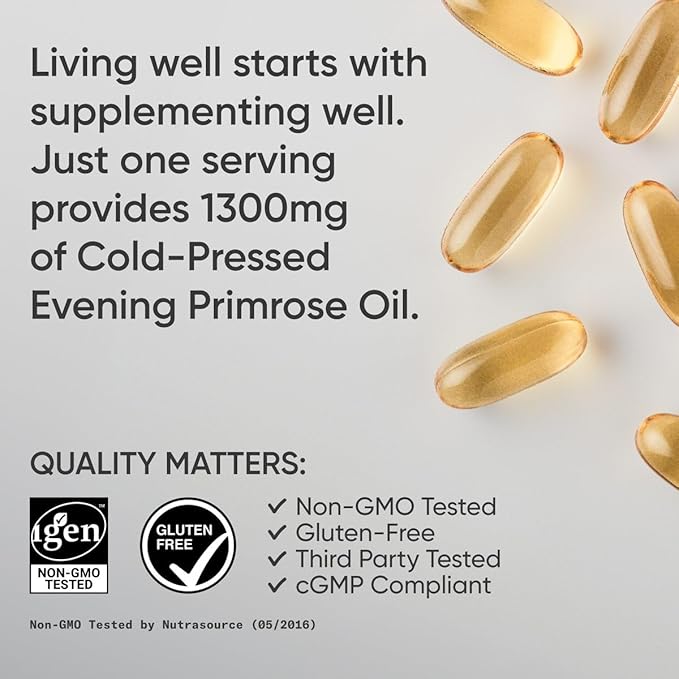 Sports Research Evening Primrose Supplement from Cold Pressed Oil - Softgels for Women’s Health &amp Skin Health - Gluten Free &amp Non-GMO GLA - High Potency 1300mg 120 Count