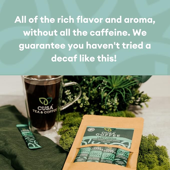 Cusa Tea &amp Coffee | Premium Instant 100% Arabica Decaf | Rainforest Alliance Certified Arabica Beans | Hot or Cold Brew Drink Mix Packets (30 Single Servings)