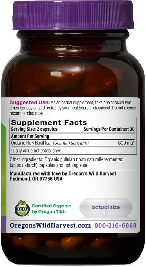 Oregon's Wild Harvest Organic Holy Basil Herbal Supplement 60 Count