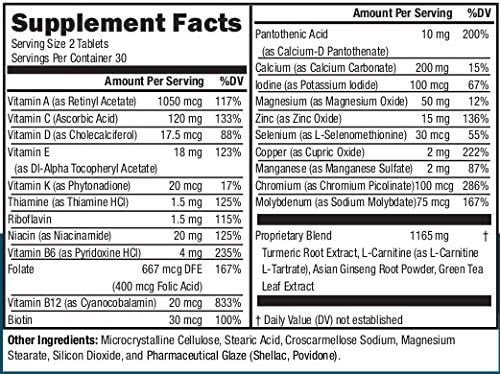 Men's 50+ Multivitamin/Multimineral with Vitamin B Vitamin D Calcium Vitamin D L-Carnitine Asian Ginseng Root Powder Green Tea Leaf Extract Turmeric Root Extract