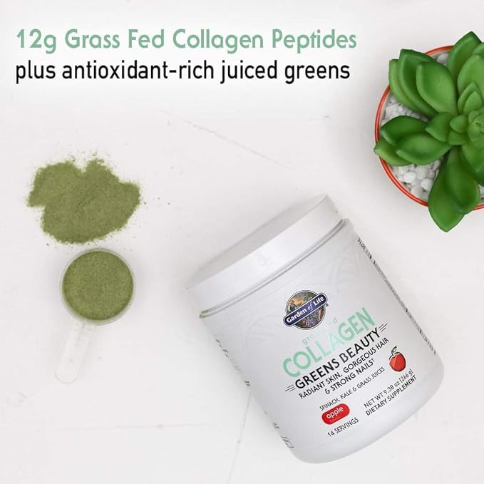 Garden of Life Grass Fed Collagen Greens Beauty Powder - Apple 14 Servings Powder for Women Skin Hair Nails Joints Collagen Peptides Powder + Protein + Greens Supplement