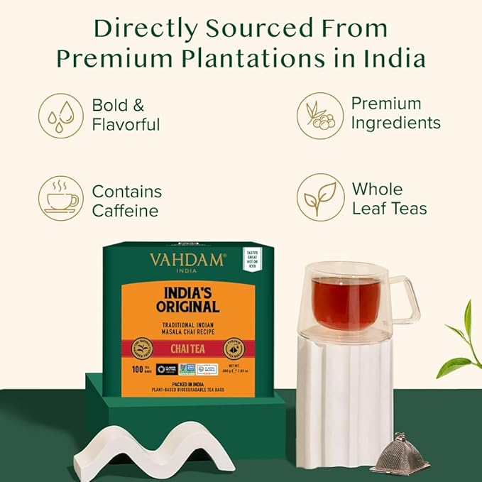 VAHDAM India's Original Masala Chai Tea Bags (100 Count) No Added Flavoring | Blended w/Exotic Spices | Whole Leaf Tea Bags | Resealable Ziplock Pouch