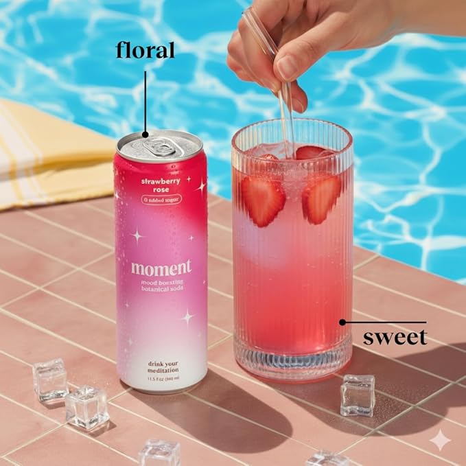 Moment Botanical Soda Soft Drink (Shark Tank) - SPARKLING Drinks | Strawberry Rose | L-Theanine &amp Ashwagandha for Calm &amp Clarity | 0 Added Sugar 0 Caffeine | 12-pack