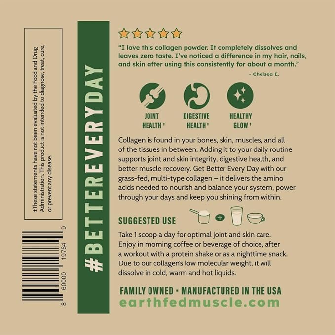 Earth Fed Muscle Collagen Peptides Powder – Unflavored Collagen Protein Powder for Women &amp Men | Supports Hair Skin Nails Joints &amp Recovery | Sugar &amp Gluten-Free Keto Friendly 20g Per