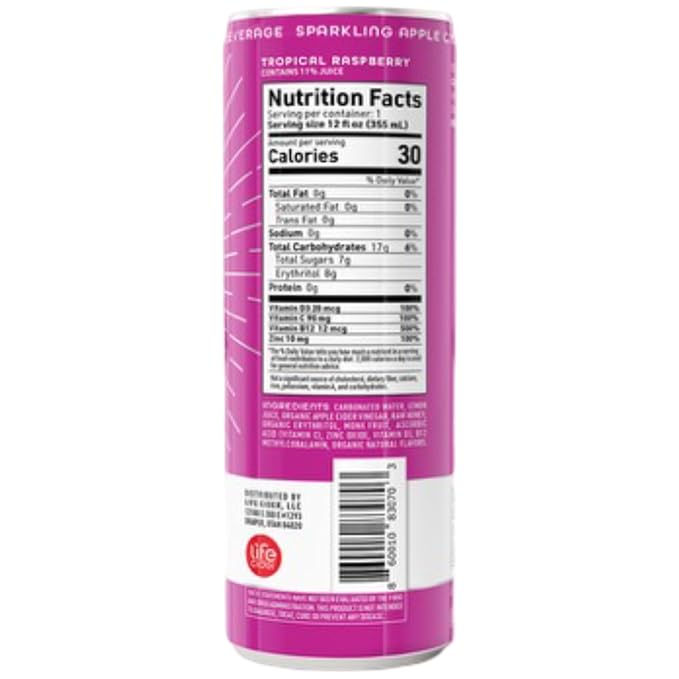 Life Cider | 12 Pack (12 Fl Oz) | Tropical Raspberry | Sparkling Apple Cider Vinegar Beverage | Digestive Health &amp Immunity Benefits | Low Calorie &amp Low Carb Drinks | Vitamins C D3 Zinc B12