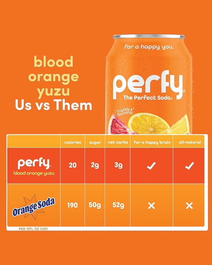 PERFY Healthy Soda for Brain &amp Mood – Nootropics w/L-Theanine &amp Turmeric + Real Fruit Juice – Caffeine-Free Low Cal Low Sugar Keto Gluten-Free (12-pack Blood Orange Yuzu)