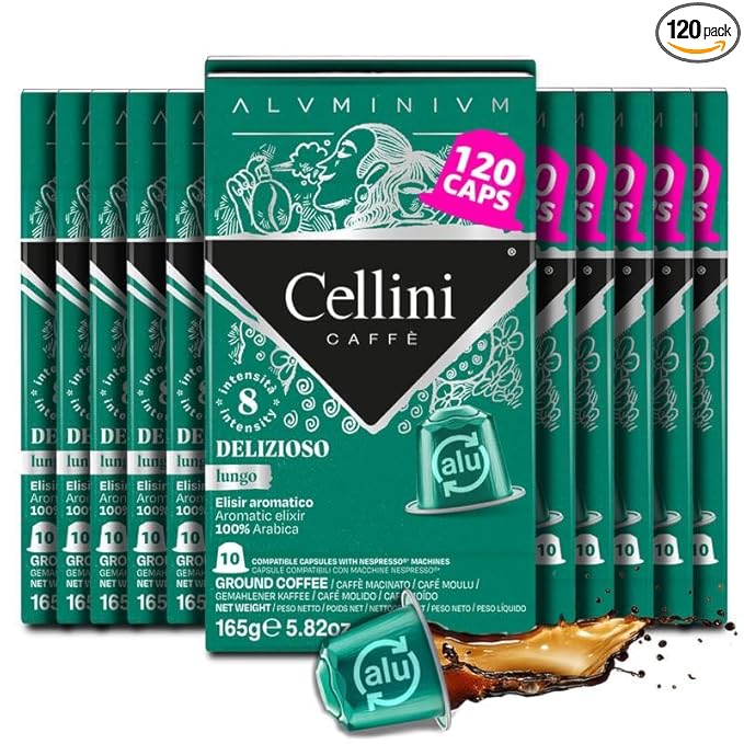 Cellini Caffè Delizioso Lungo Aluminum Nespresso Pods 120 Count Medium Roast Coffee Capsules 100% Nespresso Original Machine Compatible