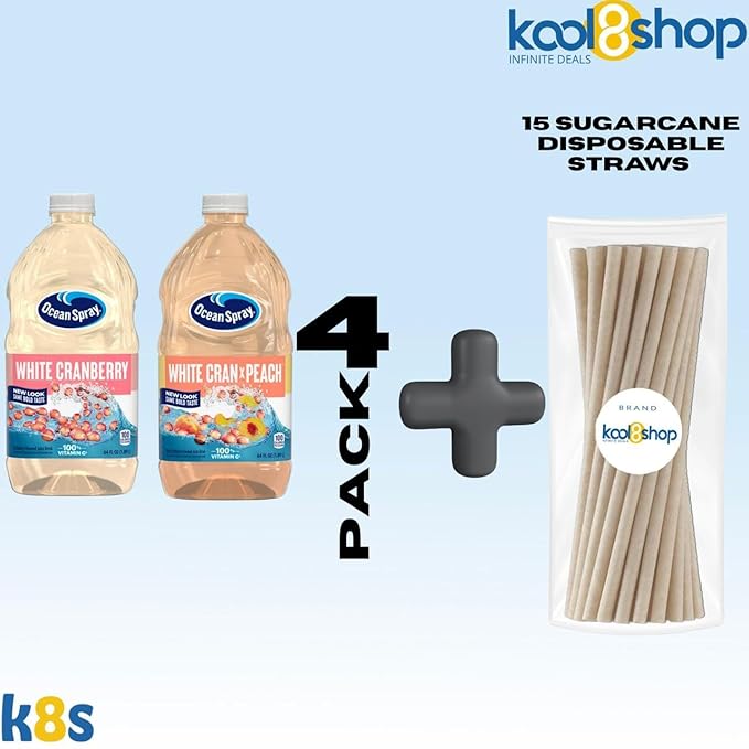 Ocean Spray White Cran Peach and White Cranberry Juice Drink 64 fl oz Plastic Bottles 4 Pack + 15 Sugarcane Disposable Straws by KOOL8SHOP Infinite Deals