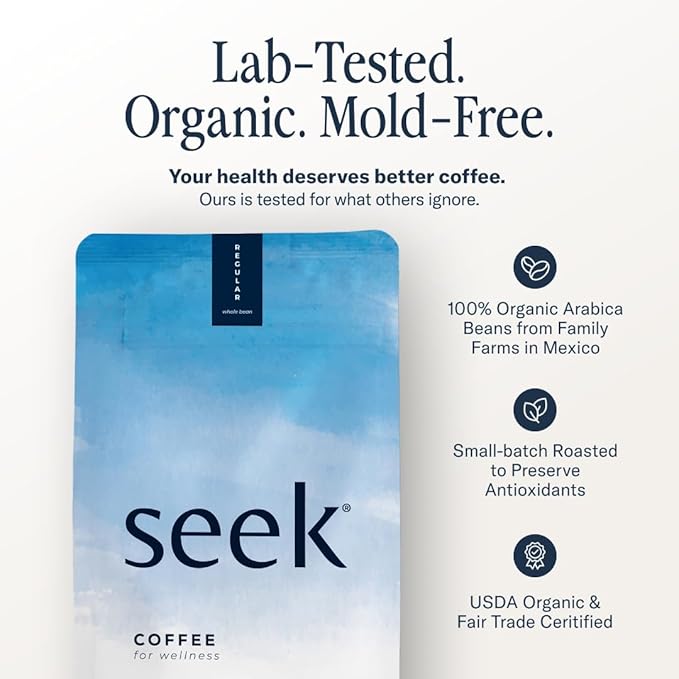 Seek Low Acid Organic Arabica Ground Coffee - Mold Free Non-GMO Third Party Tested - 12 Oz