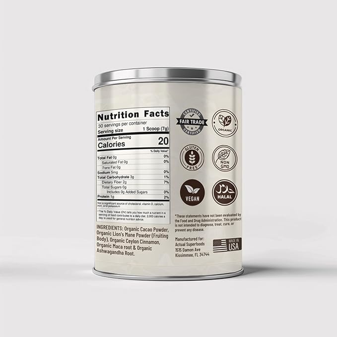 High Flavanol Cacao Powder Blend - Flavanols &amp Flavanoids - Organic Coffee Alternative with Lions Mane Ashwagandha Maca &amp Ceylon Cinnamon - 7.4 ounces - Morning Focus &amp Energy Ritual