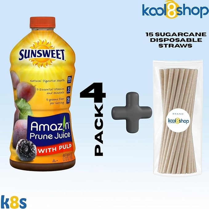 Sunsweet Amazin Prune with Pulp Juice 64 fl oz Plastic Bottles 4 Pack + 15 Sugarcane Disposable Straws by KOOL8SHOP Infinite Deals