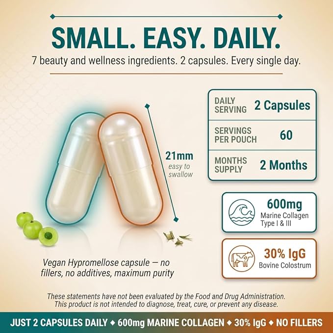 Wild Marine Collagen Peptides with Bovine Colostrum 120 Capsules Advanced Formula for Skin Joints Gut Health Immunity Support GMO-Free