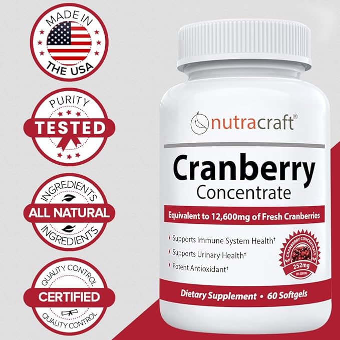 Nutracraft #1 Cranberry Extract Supplement for Bladder &amp Urinary Tract Support | 12600 mg of Fresh Cranberries Vitamin C &amp E and Polyphenols | Lab Tested &amp Easy to Swallow | 60 Softgels