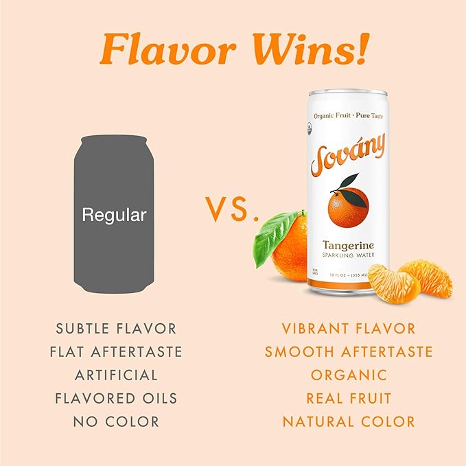 Sovány Sparkling Water Tangerine Seltzer Water Drinks USDA Organic Made With Real Fruit Non-GMO Vegan No Added Sugar Low Calorie 12 fl oz 12 Pack