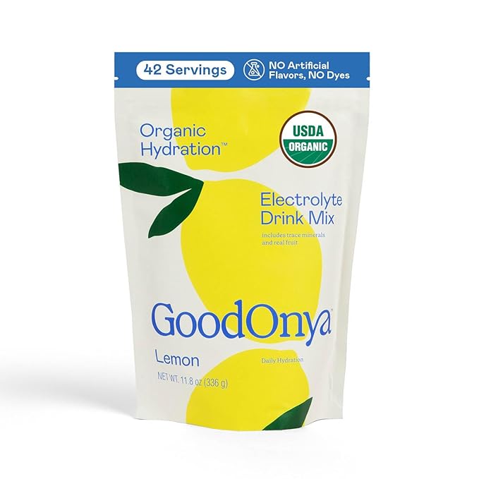 GOODONYA Organic Hydration Electrolyte Drink Mix Certified Organic Hydration Powder Non-GMO Biochecked Glyphosate Free Low Sugar Lemonade Flavor No Artificial Flavors 42 Servings