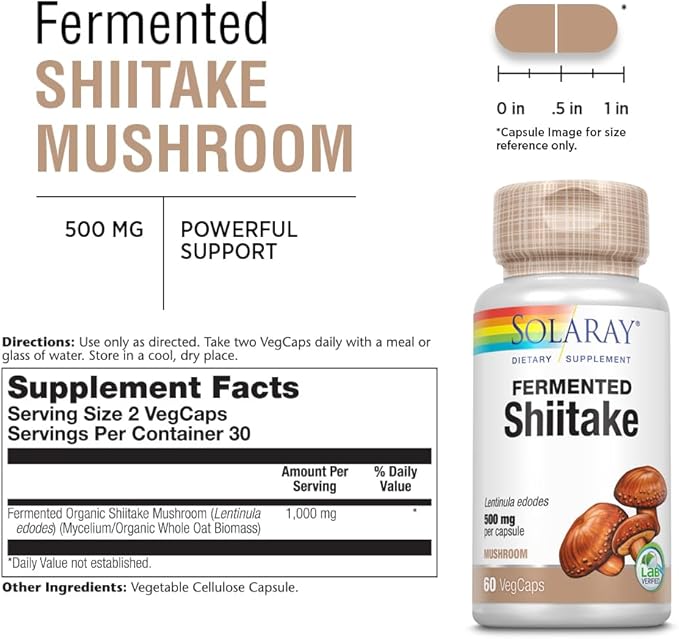 SOLARAY Fermented Shiitake Mushroom 500mg | Healthy Immune Liver &amp Digestive Function Support | Non-GMO &amp Vegan | 60 VegCaps