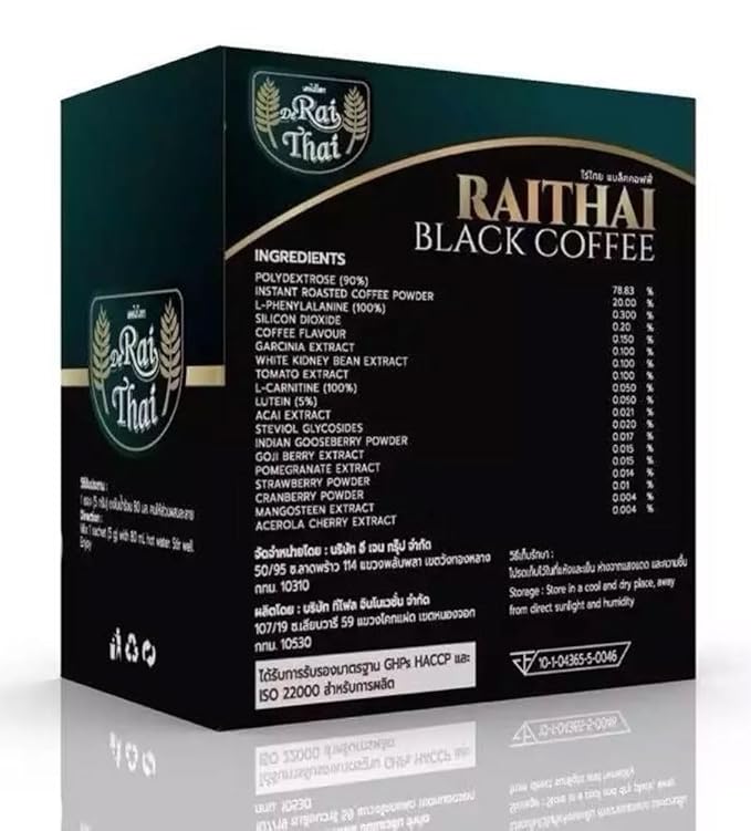 RAITHAI Black Coffee - Sugar-Free Cholesterol-Free Trans Fat-Free Instant Coffee Blend with Botanical Extracts - 20 Sachets (5g each)
