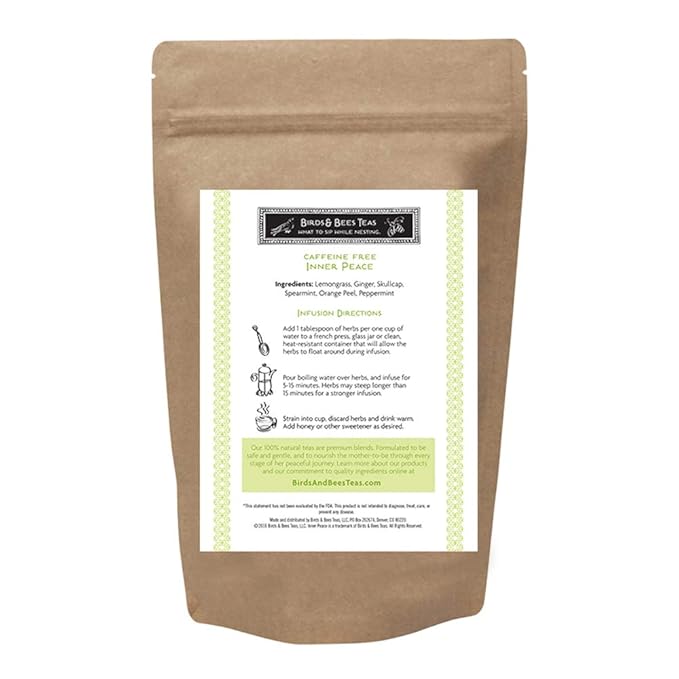 Birds &amp Bees Teas - Inner Peace is Organic Pregnancy Tea - Loose Leaf Blend with Lemongrass Skullcap Ginger Spearmint Orange Peel and Peppermint 40 Servings 3.2 oz