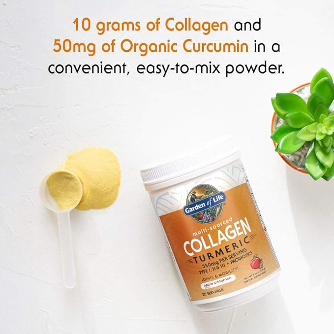 Garden of Life Multi-Sourced Collagen Peptides + Turmeric Powder - Apple Cinnamon 20 Servings for Women Men Joints Mobility Hydrolyzed Collagen Protein Powder Supplements